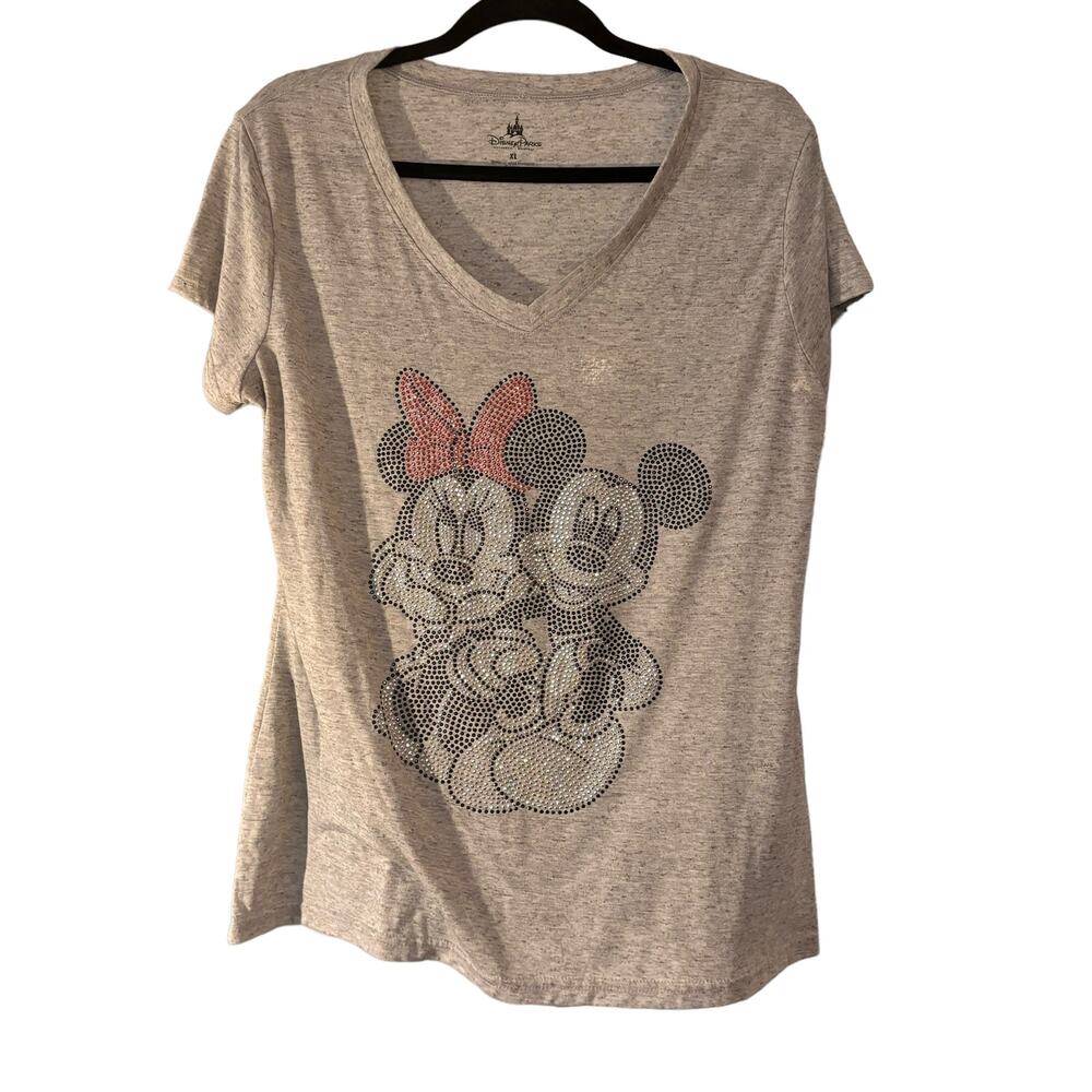 Disney Parks Minnie & Mickey Mouse Sparkly T-shirt XL Heathered Gray Linen Blend